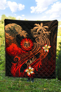 Tahiti Polynesian Premium Quilt - Plumeria Flowers And Waves - Polynesian Pride