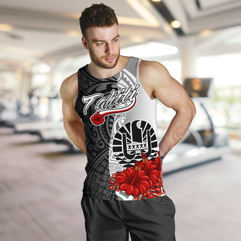 Tahiti Polynesian Men's Tank Top - Coat Of Arm With Hibiscus White - Polynesian Pride