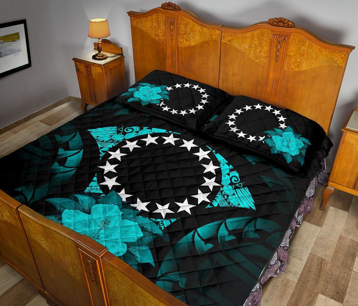 Cook Islands Polynesian Quilt Bed Set Hibiscus Turquoise - Polynesian Pride