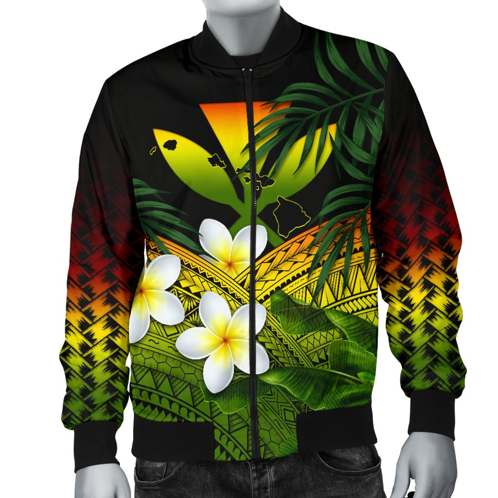 Kanaka Maoli (Hawaiian) Men's Bomber Jacket, Polynesian Plumeria Banana Leaves Reggae - Polynesian Pride