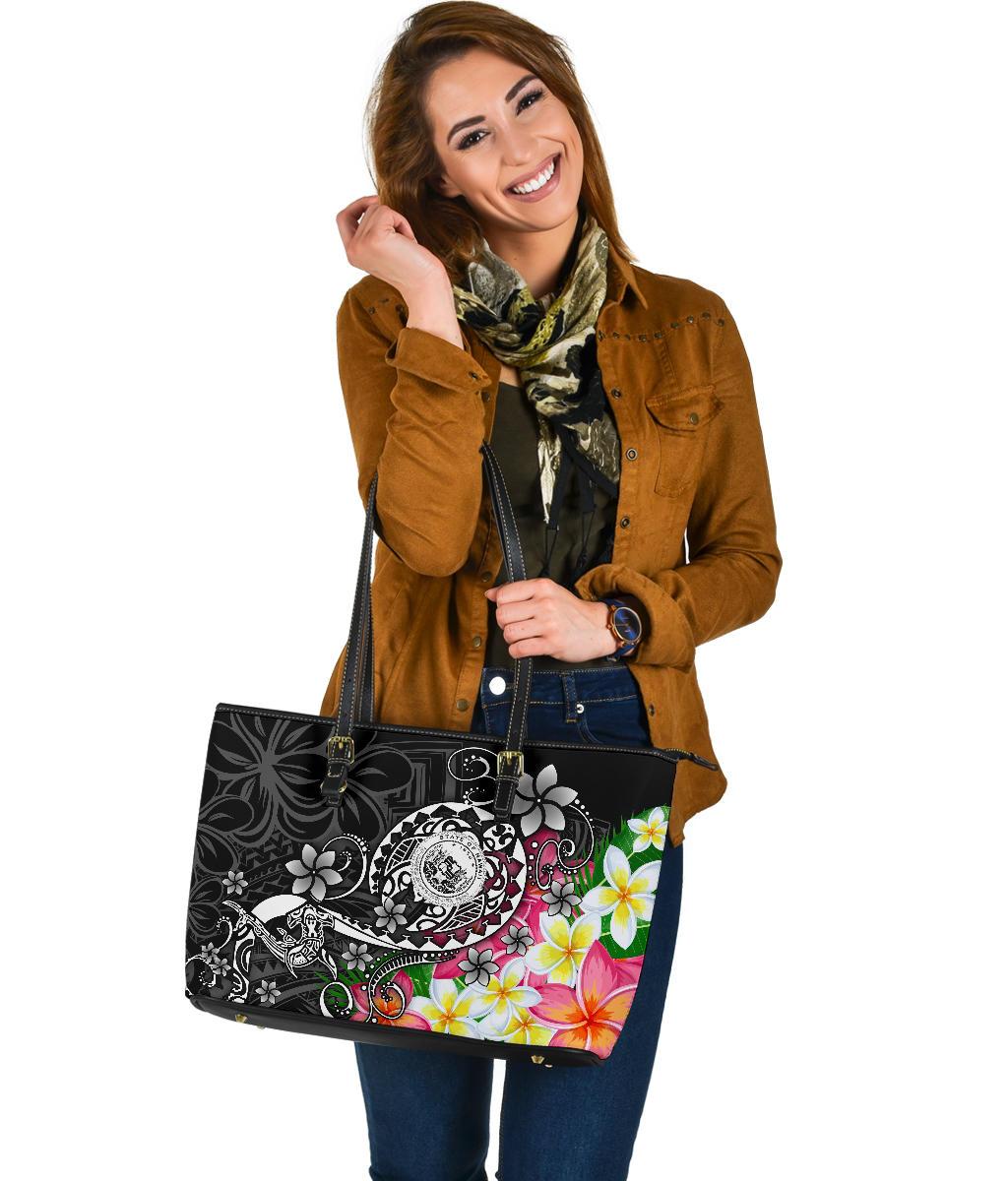 Hawaii Polynesian Large Leather Tote Bag - Hawaii Seal With Turtle Plumeria (Black) - Polynesian Pride