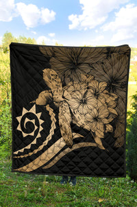 Hawaii Turtle Hibiscus Polynesian Vintage Premium Quilt - Gold - Polynesian Pride