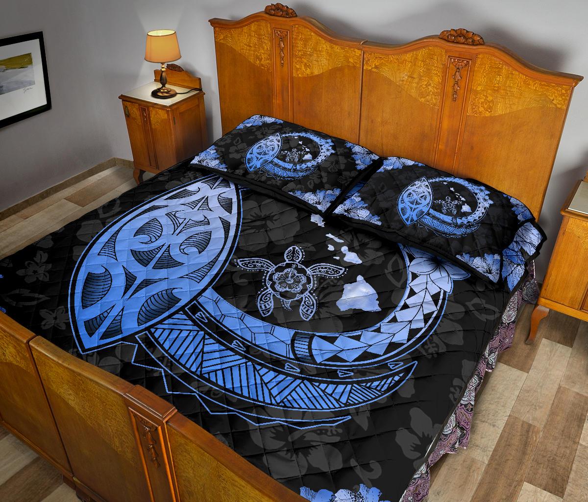 Hawaii Quilt Bed Set - Hawaii Hibiscus Map Polynesian Quilt Bed Set Blue - Polynesian Pride