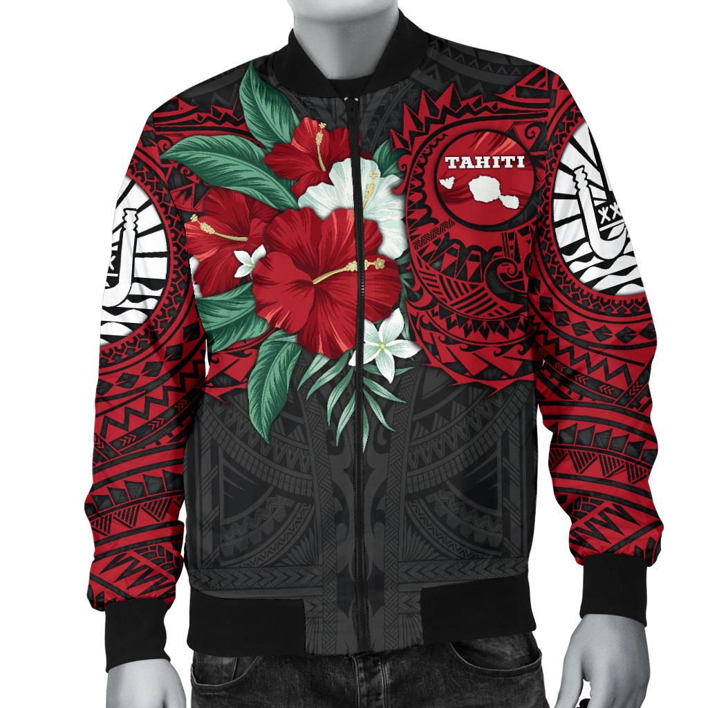 Tahiti Polynesian Men's Bomber Jacket - Hibiscus and Sea Turtle (Red) - Polynesian Pride