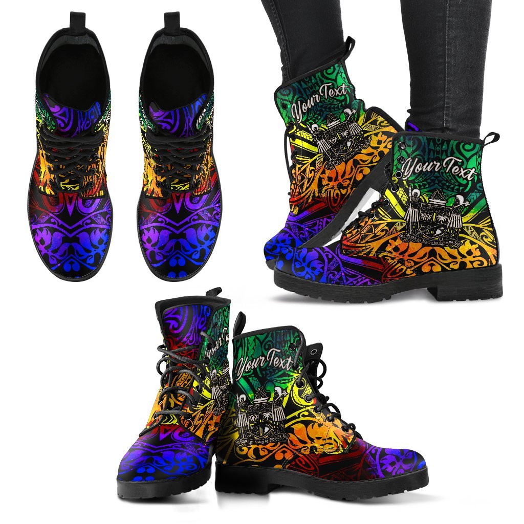 Fiji Custom Personalised Leather Boots - Rainbow Polynesian Pattern Crest - Polynesian Pride