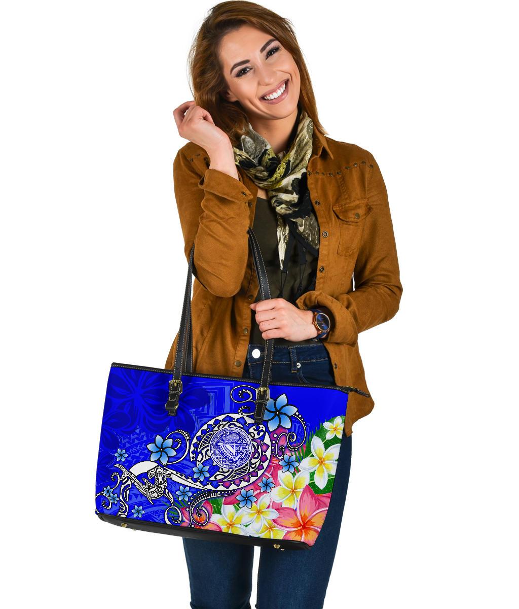 American Samoa Polynesian Large Leather Tote Bag - Turtle Plumeria (Blue) - Polynesian Pride