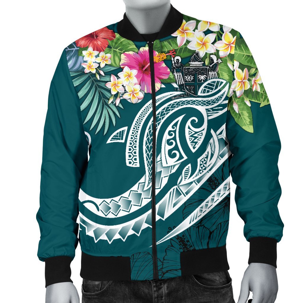 Fiji Polynesian Men's Bomber Jacket - Summer Plumeria (Turquoise) - Polynesian Pride