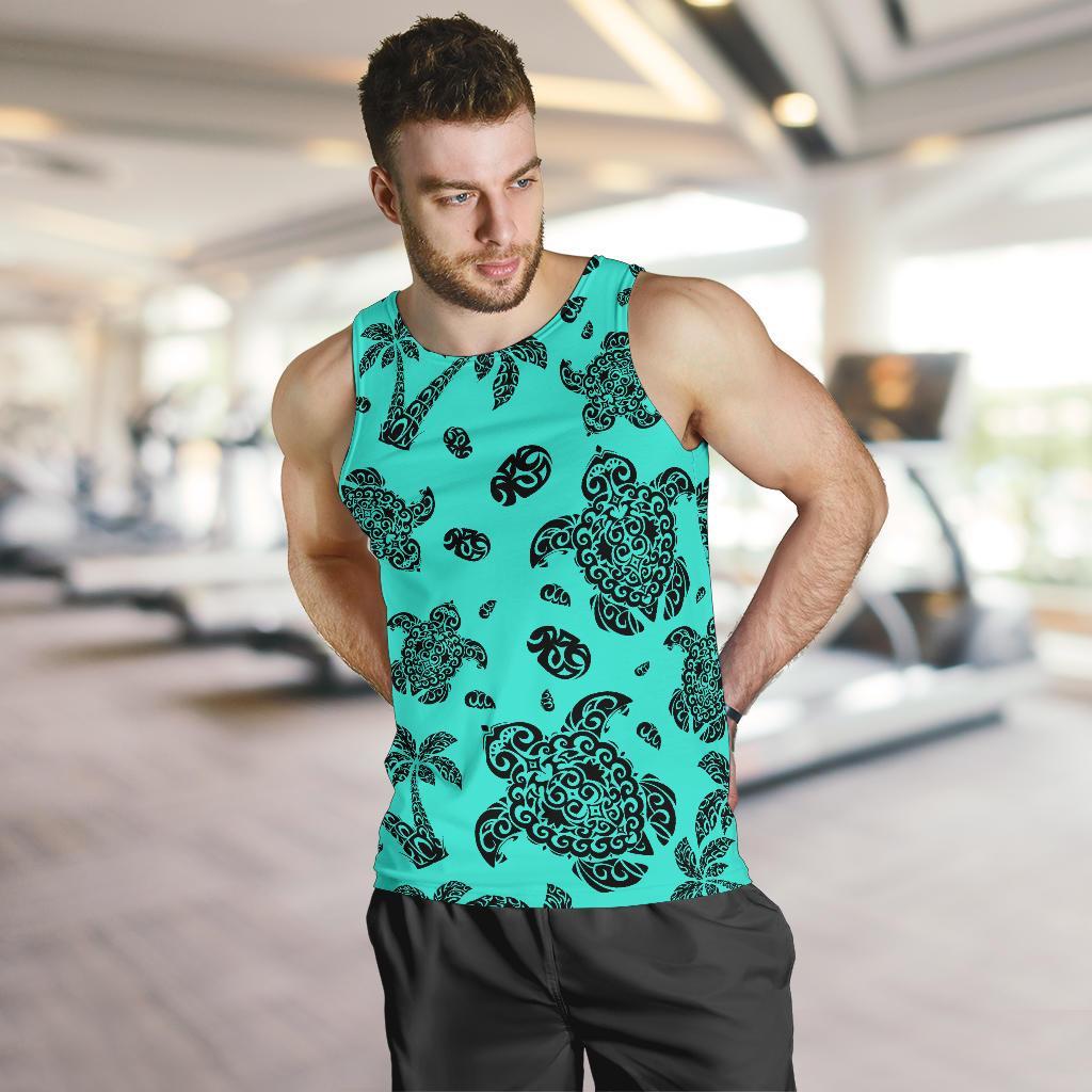 Polynesian Turtle Palm And Sea Pebbles Turquoise Hawaii Men's Tank Top - Polynesian Pride
