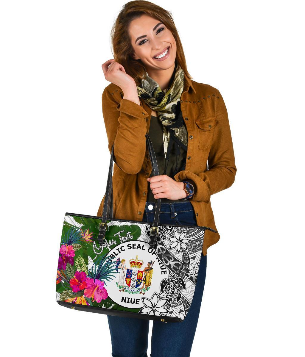 Niue Custom Personalised Large Leather Tote White - Turtle Plumeria Banana Leaf - Polynesian Pride