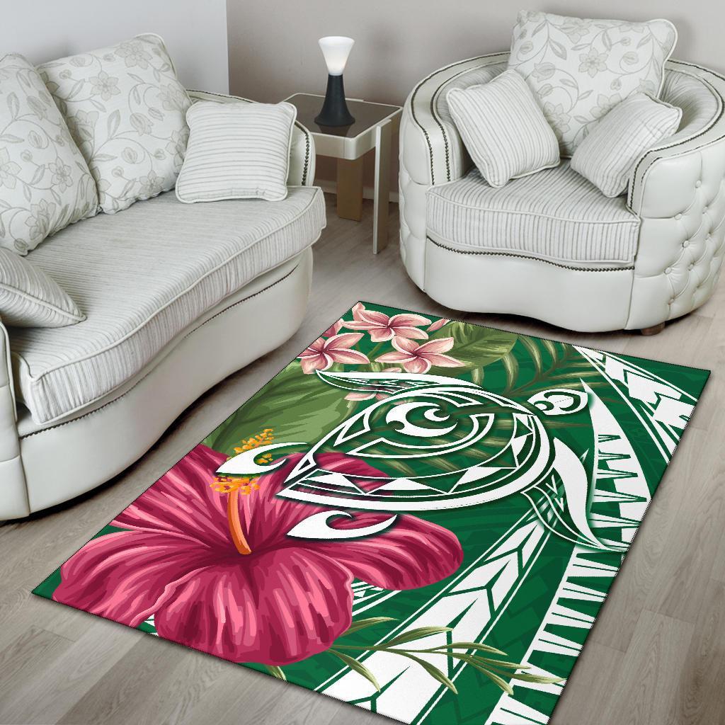 Hawaii Polynesian Turtle Tropical Hibiscus Plumeria Rug - Green - Polynesian Pride