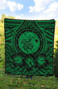 Hawaii Premium Quilt - Hawaii Map Honu Hibiscus Green Polynesian Premium Quilt - Polynesian Pride