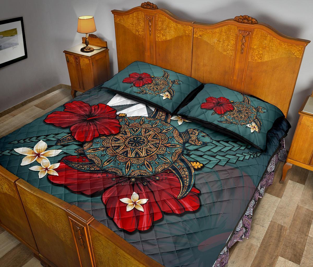 Wallis And Futuna Quilt Bed Set - Blue Turtle Tribal - Polynesian Pride
