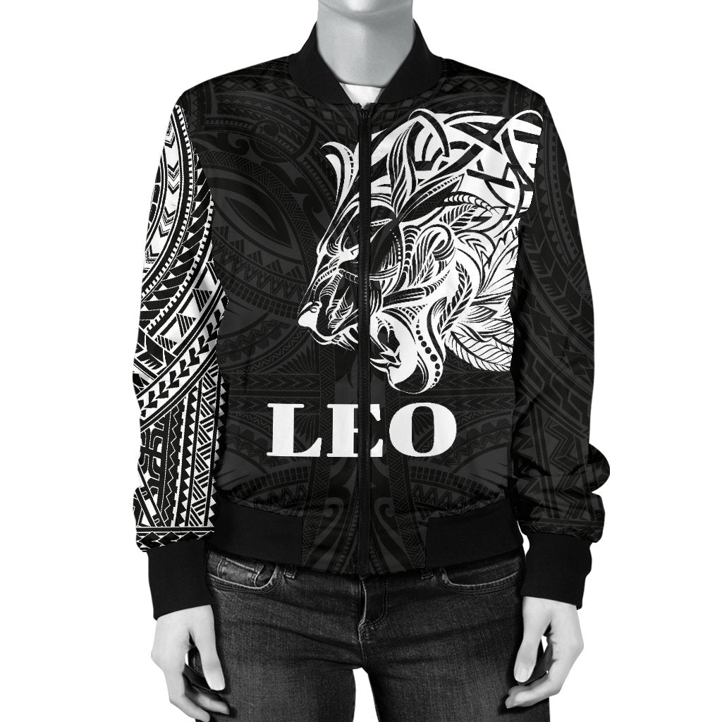 Sun In Leo Zodiac Women Bomber Jacket Polynesian Tattoo Simple - White - Polynesian Pride
