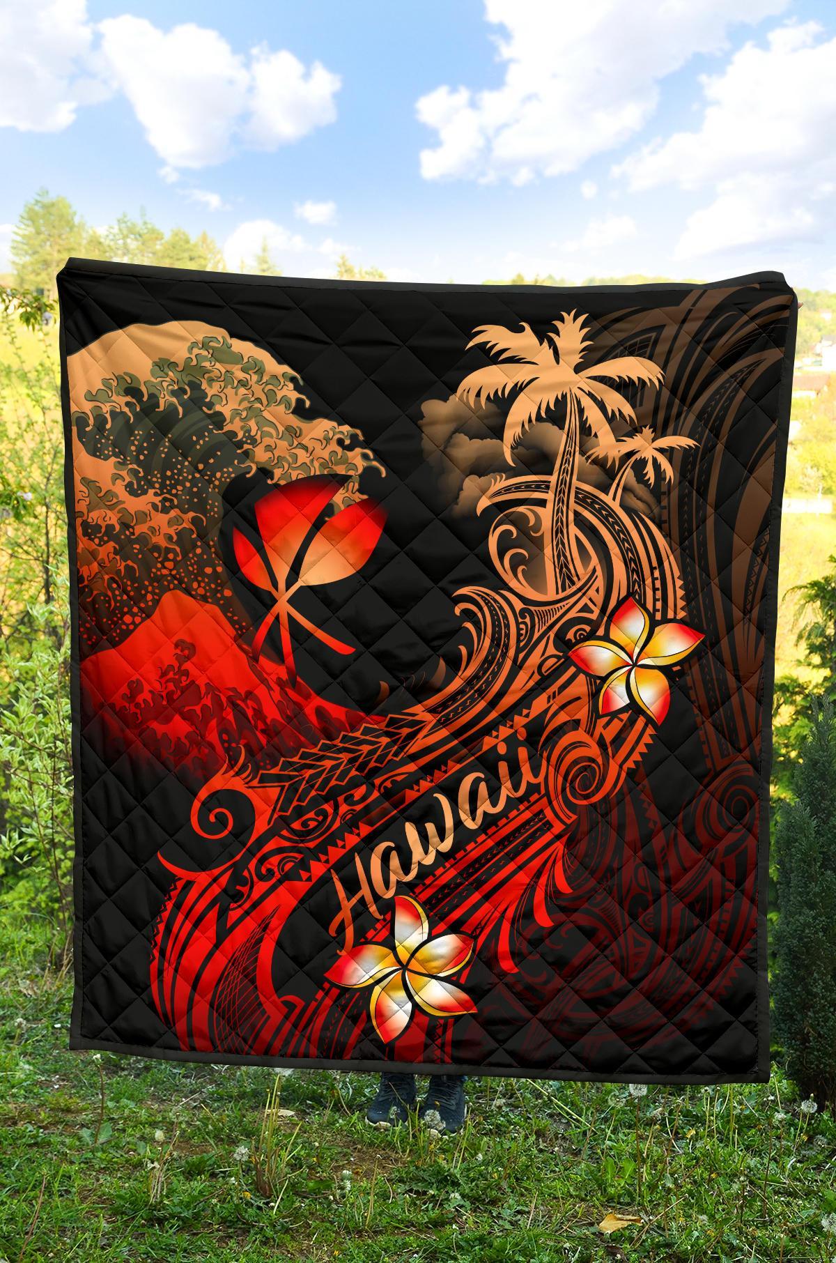 Hawaii Polynesian Premium Quilt - Plumeria Flowers And Waves - Polynesian Pride