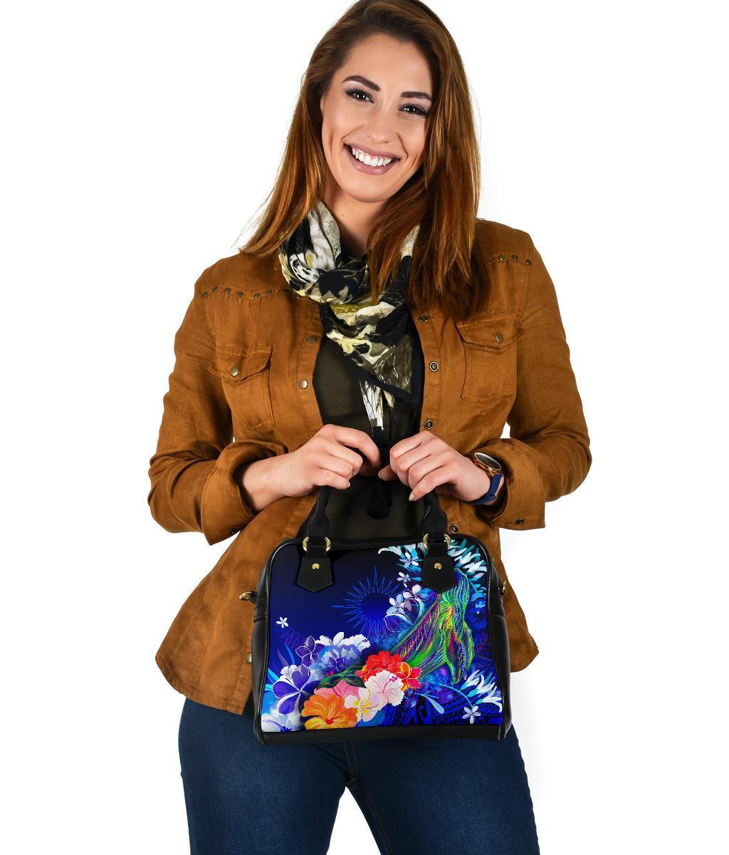 Marshall Islands Shoulder Handbag - Humpback Whale with Tropical Flowers (Blue) - Polynesian Pride