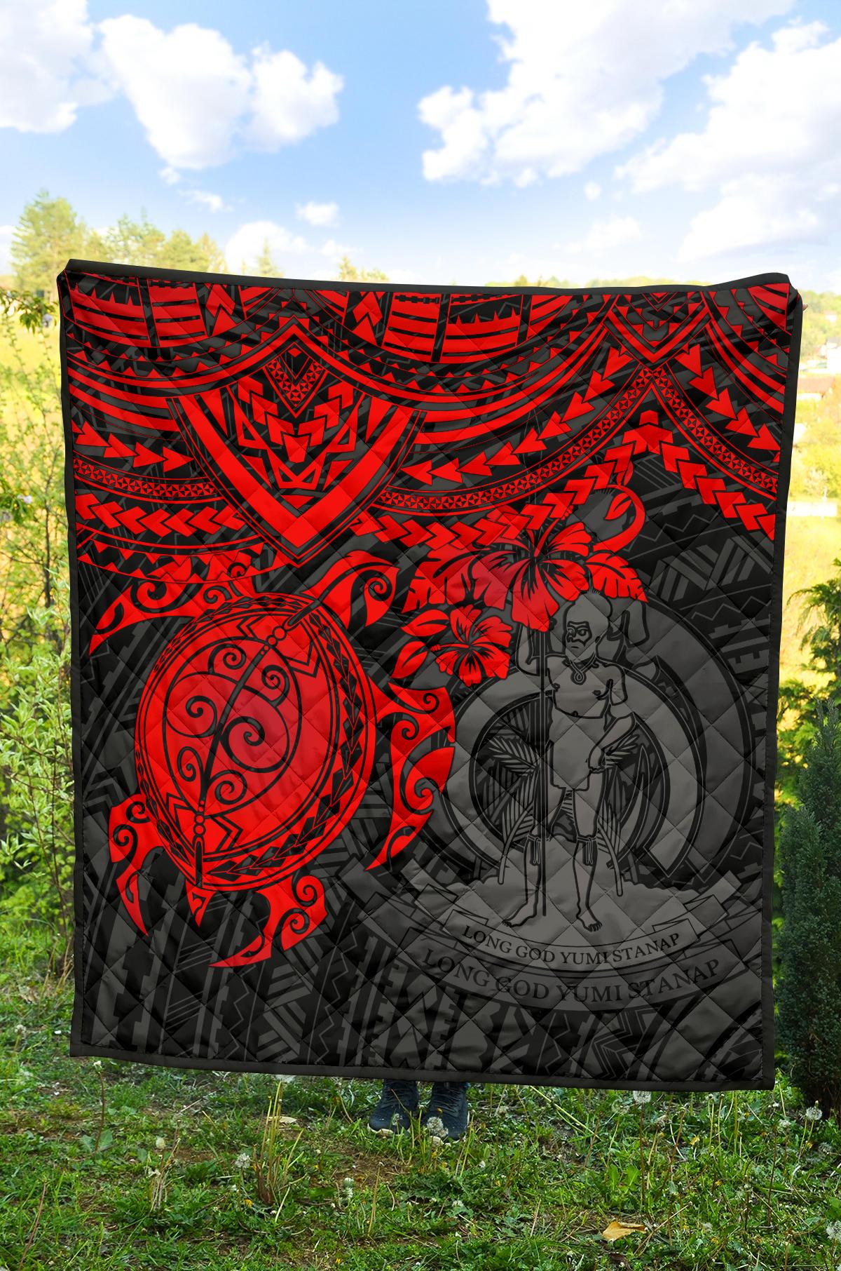 Vanuatu Polynesian Premium Quilt - Vanuatu Coat Of Arms & Red Turtle Hibiscus - Polynesian Pride
