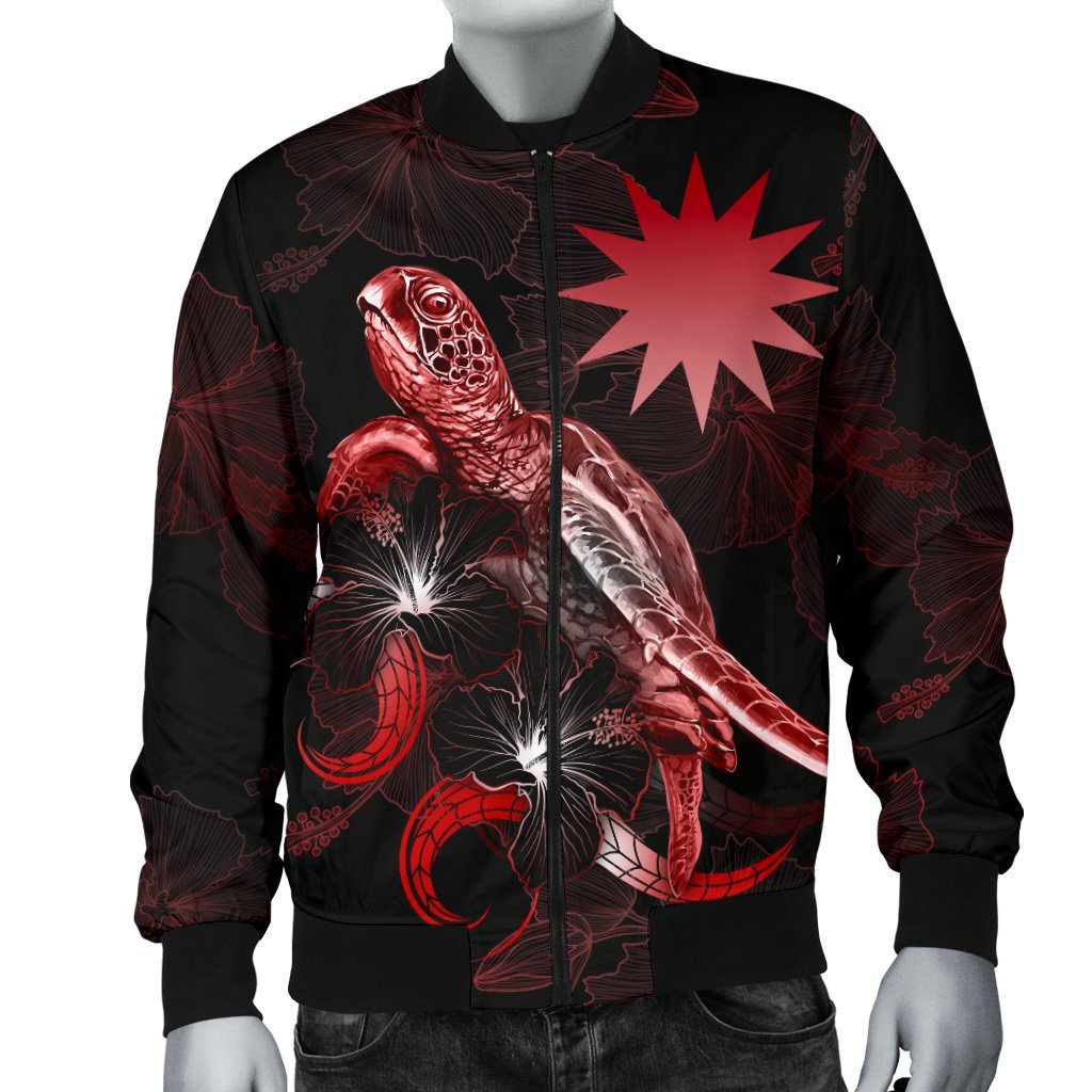 Nauru Polynesian Men's Bomber Jacket - Turtle With Blooming Hibiscus Red - Polynesian Pride