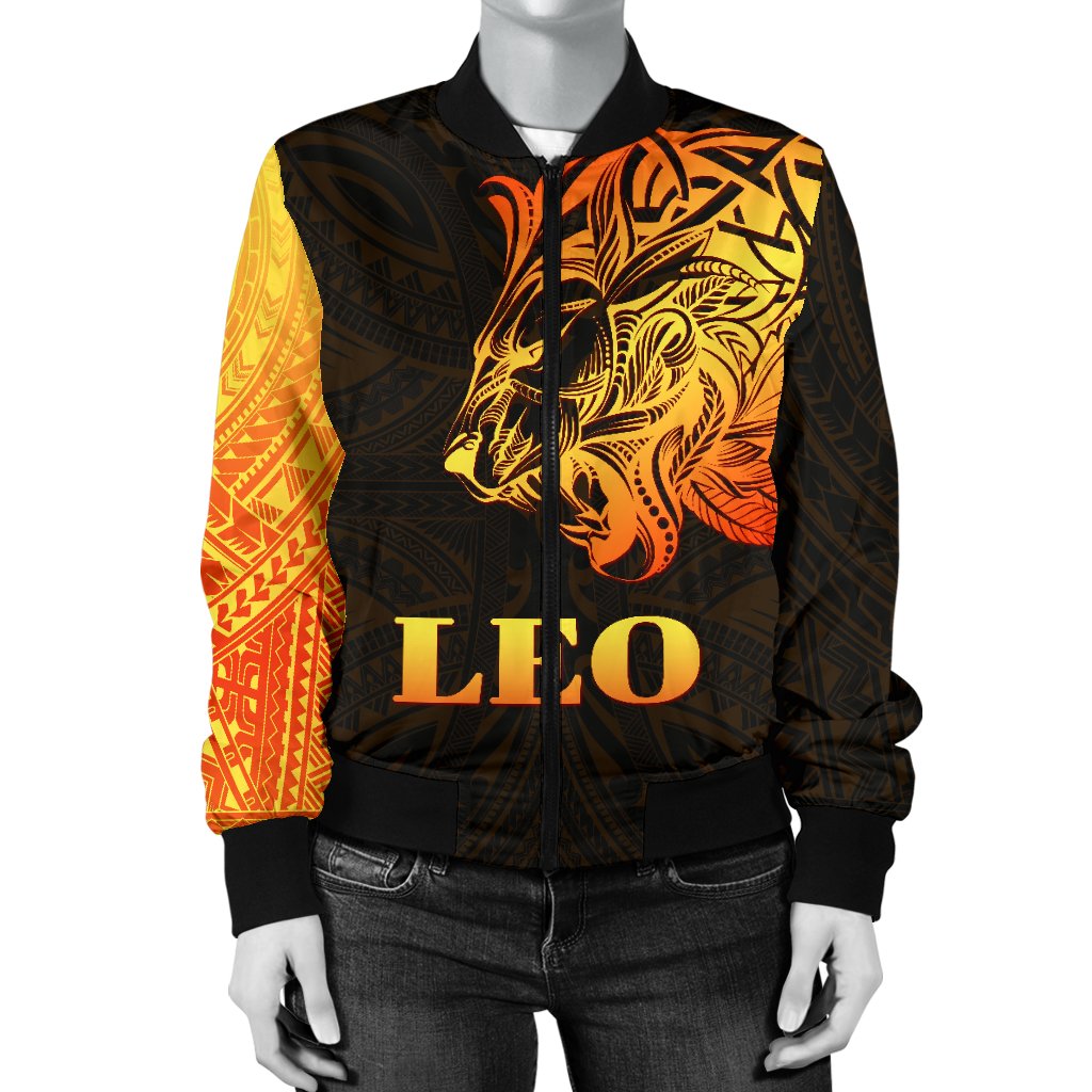 Sun In Leo Zodiac Women Bomber Jacket Polynesian Tattoo Simple - Orange Black - Polynesian Pride