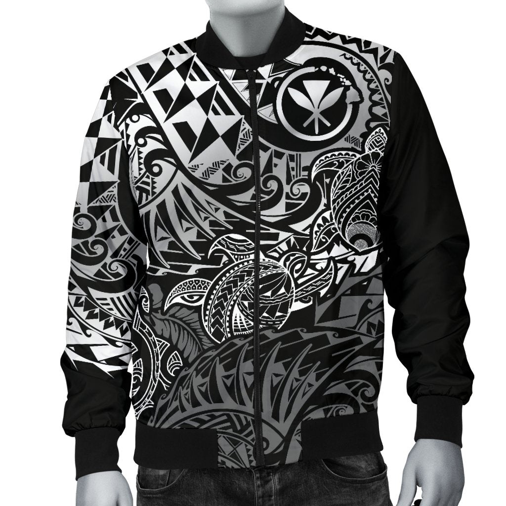 Polynesian Hawaii (Kanaka Maoli) Men Bomber Jacket - White Hibiscus Turtle Flowing White - Polynesian Pride