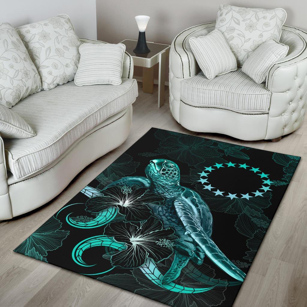 Cook Islands Polynesian Area Rugs - Turtle With Blooming Hibiscus Turquoise - Polynesian Pride