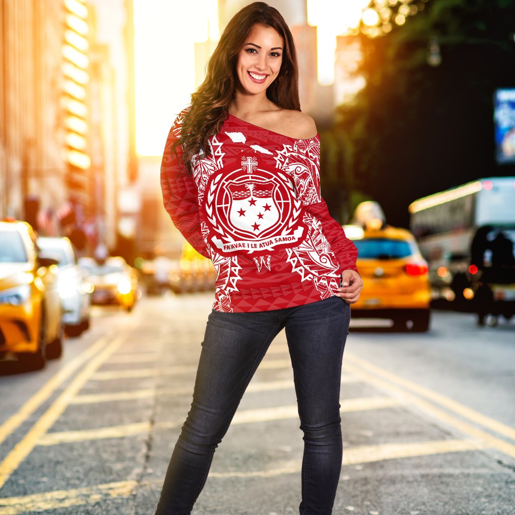 Samoa Polynesian Shoulder Sweater Map Red White - Polynesian Pride