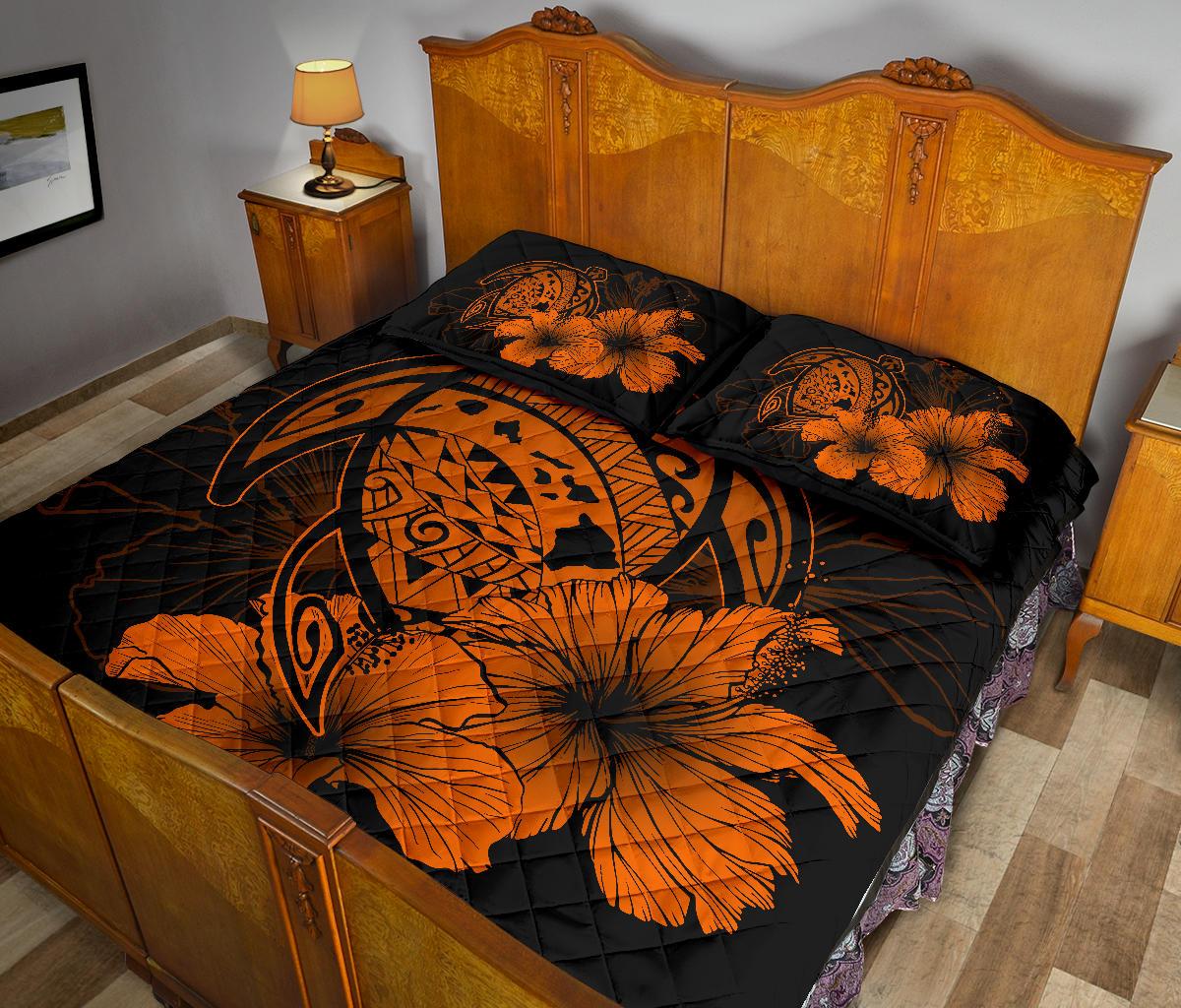 Hawaiian Map Turtle Hibiscus Polynesian Quilt Bedding Set - Orange - Polynesian Pride