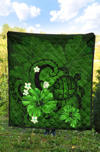 Hawaii Turtle Poly Tribal Green Premium Quilt - Polynesian Pride