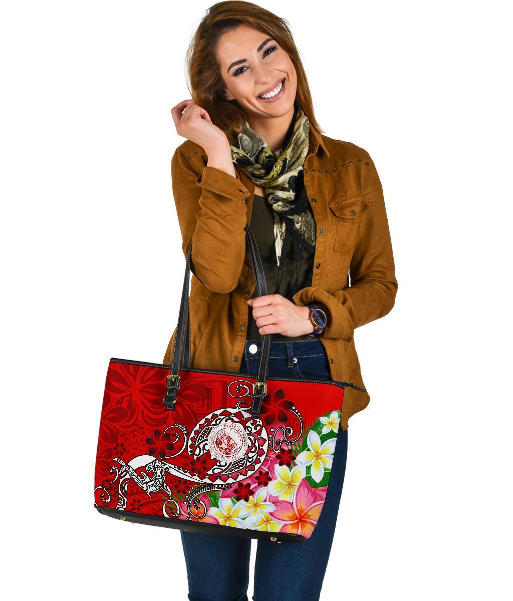 Hawaii Polynesian Leather Tote Bag - Hawaii Seal With Turtle Plumeria (Red) - Polynesian Pride