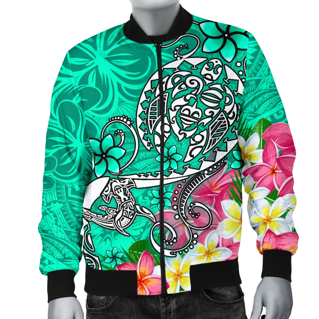 Polynesian Men's Bomber Jacket - Turtle Plumeria Turquoise Color - Polynesian Pride