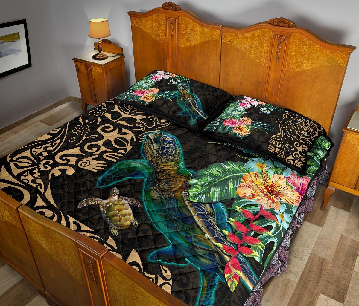 Tiki Polynesian Quilt Bed Set Turtle Hibiscus - Gold - Polynesian Pride