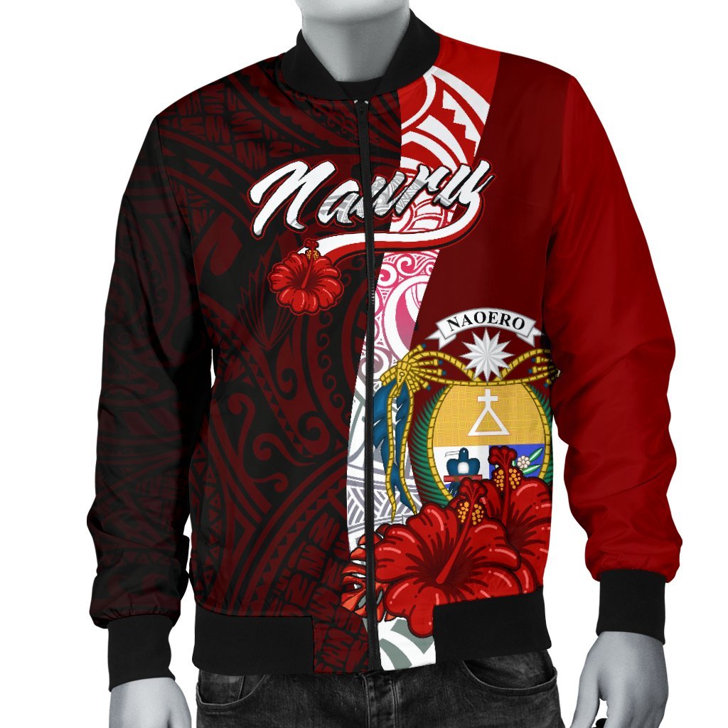 Nauru Polynesian Men's Bomber Jacket - Coat Of Arm With Hibiscus - Polynesian Pride