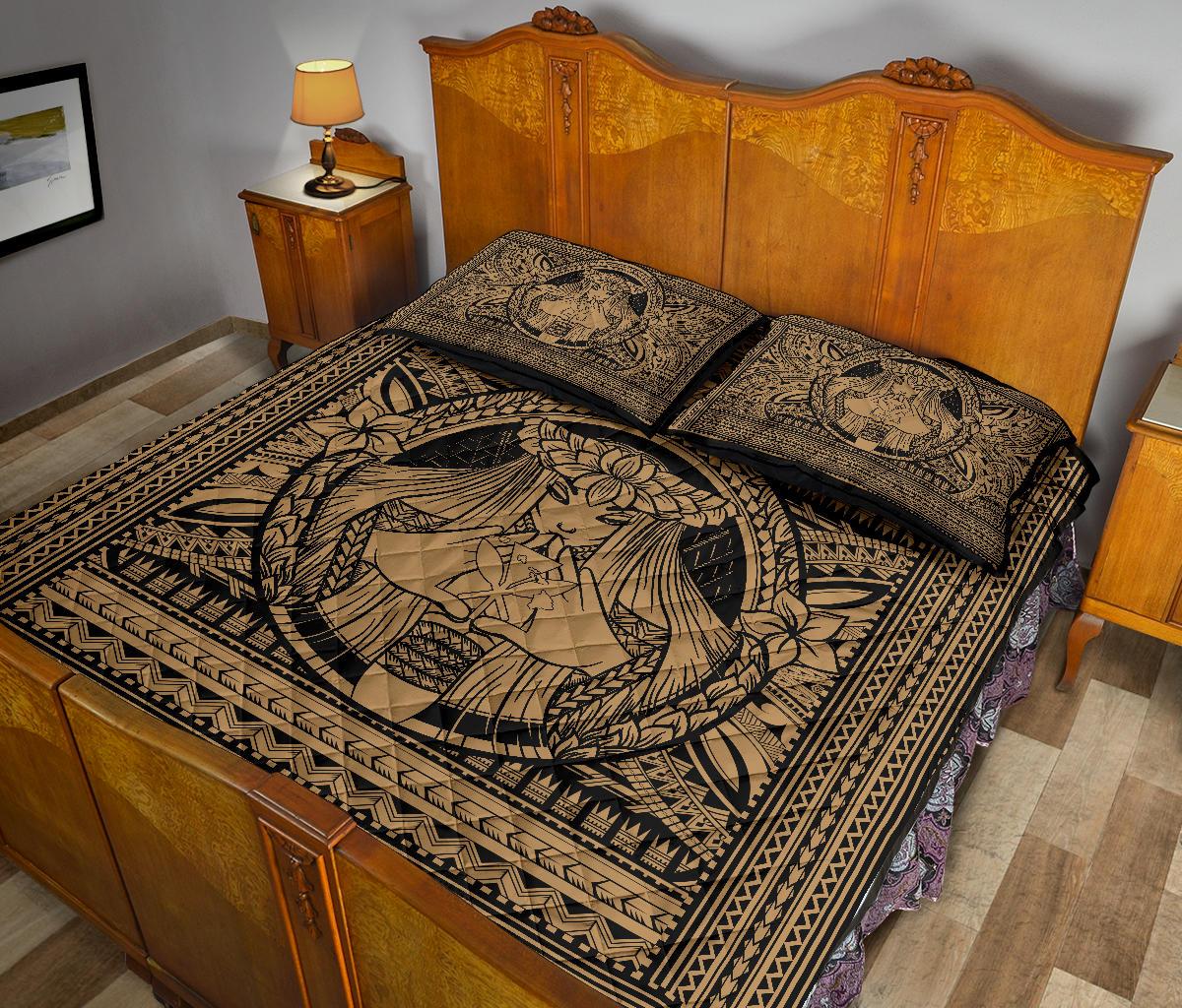 Hawaii Polynesian Pele Kanaka Quilt Bed Set Gold - Polynesian Pride
