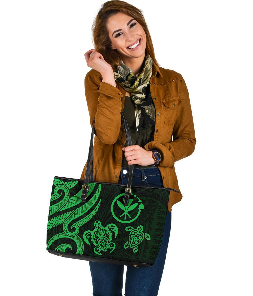 Polynesian Hawaii Large Leather Tote Bag - Green Tentacle Turtle - Polynesian Pride