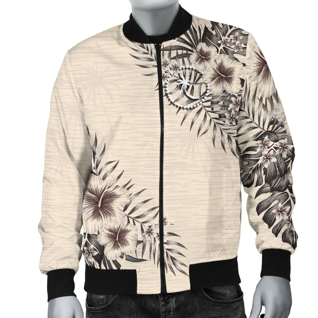 Chuuk Men's Bomber Jacket - The Beige Hibiscus Beige - Polynesian Pride