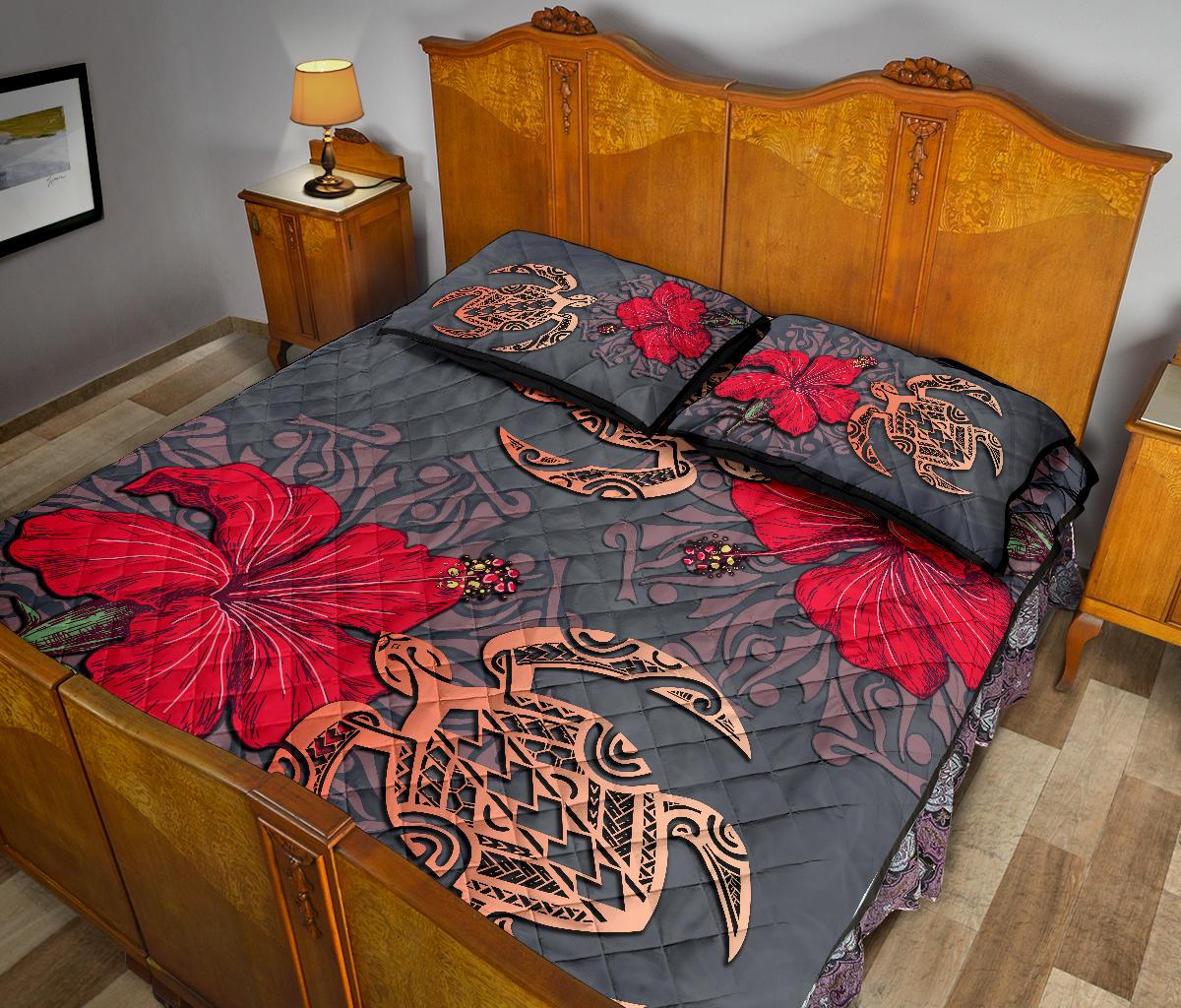 Hawaii Turtle Hibiscus Polynesian Quilt Bed Set - Khoi Style - AH - Polynesian Pride