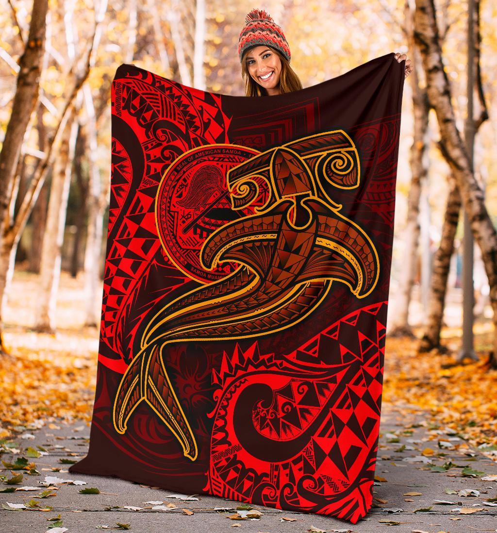 American Samoa Premium Blanket - Red Shark Polynesian Tattoo - Polynesian Pride