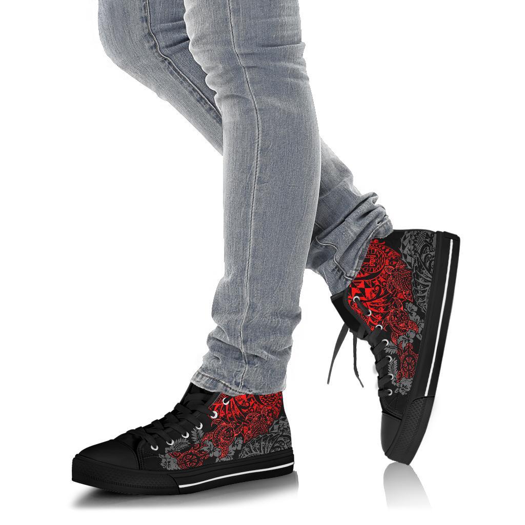 Tahiti Polynesian High Top Shoes - Red Turtle Hibiscus Flowing - Polynesian Pride