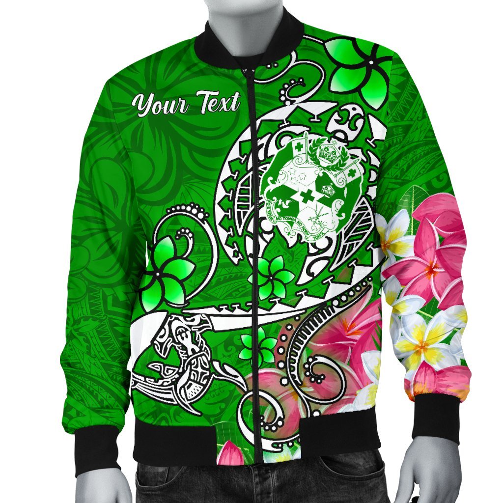 Tonga Custom Personalised Men's Bomber Jacket - Turtle Plumeria (Green) - Polynesian Pride