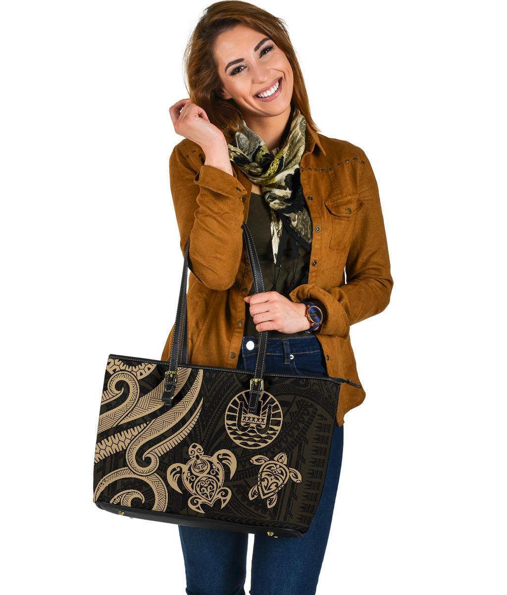Tahiti Polynesian Large Leather Tote Bag - Gold Tentacle Turtle - Polynesian Pride