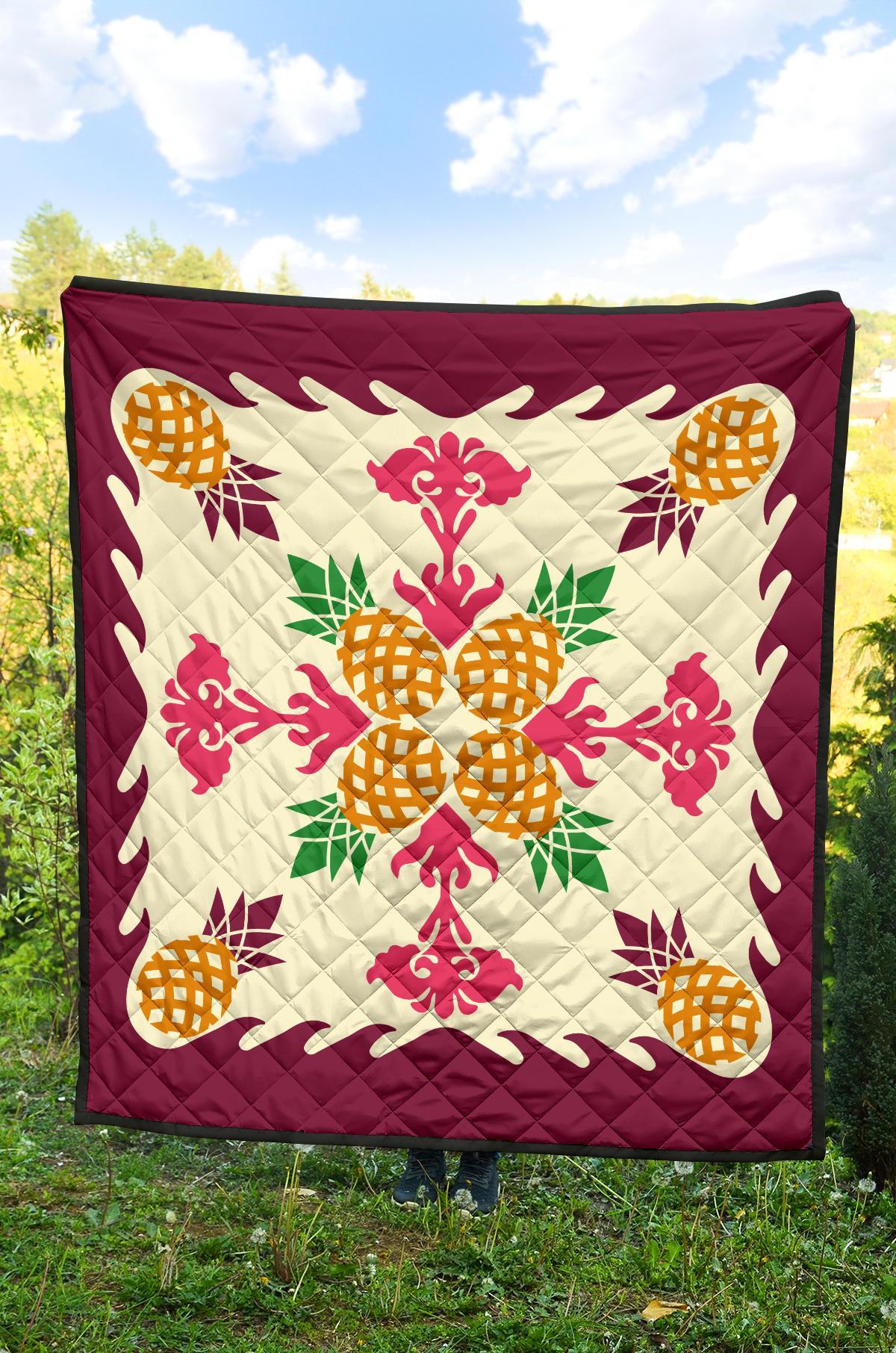 Hawaiian Pineapple Pattern Premium Quilt - Burgundy - Argu Style - AH - Polynesian Pride