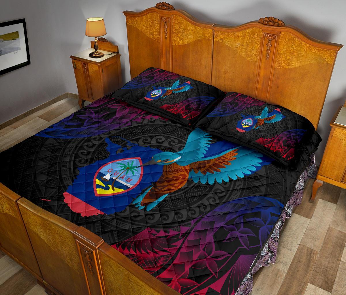 Guam Quilt Bed Set - KingFisher Bird With Map - Polynesian Pride