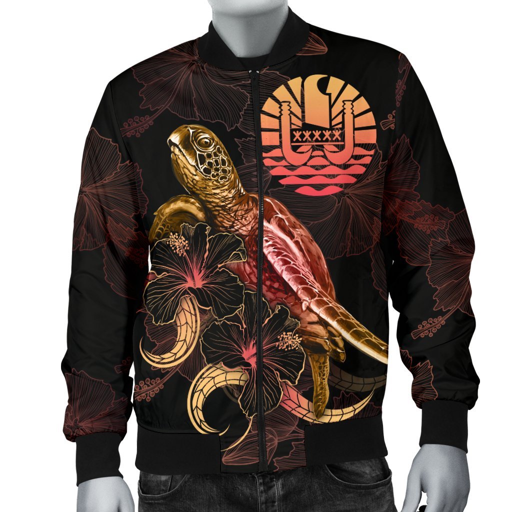 Tahiti Polynesian Men's Bomber Jacket - Turtle With Blooming Hibiscus Gold - Polynesian Pride