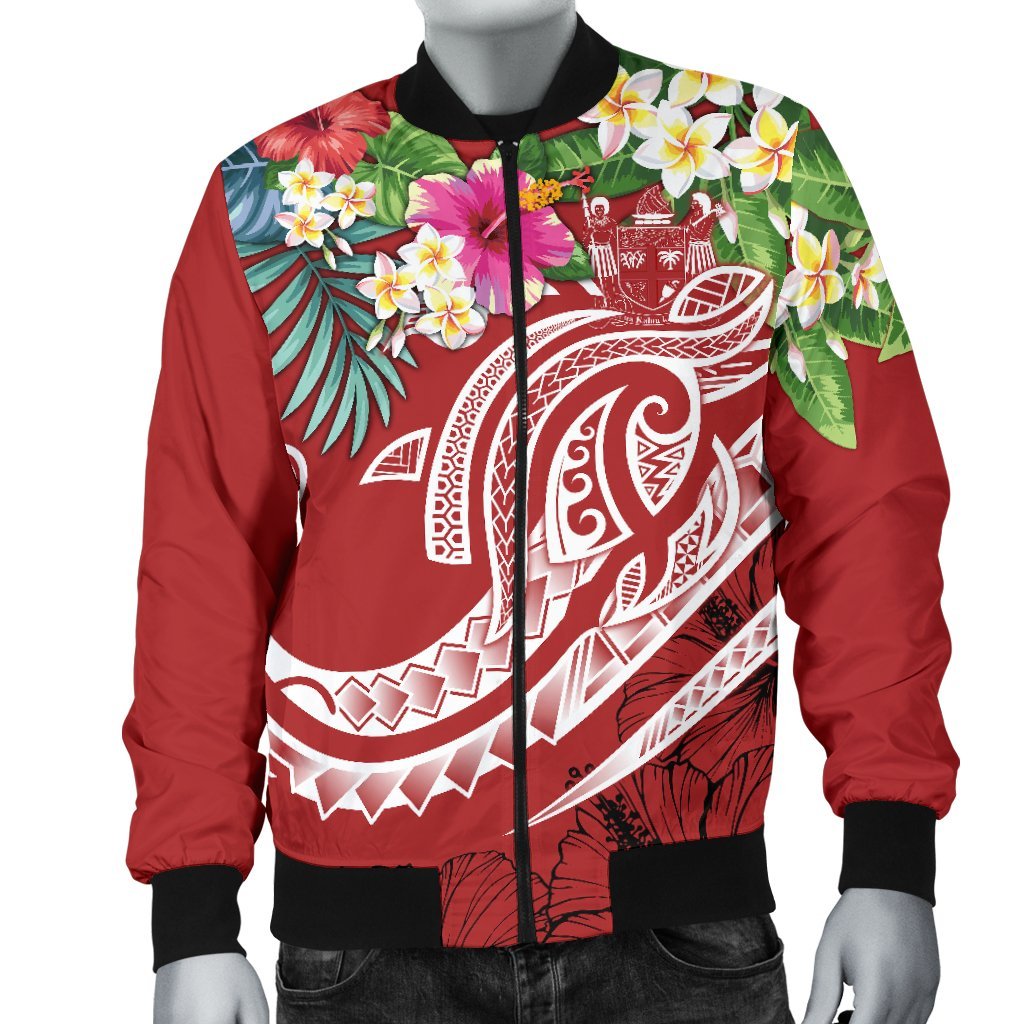 Fiji Polynesian Men's Bomber Jacket - Summer Plumeria (Red) - Polynesian Pride