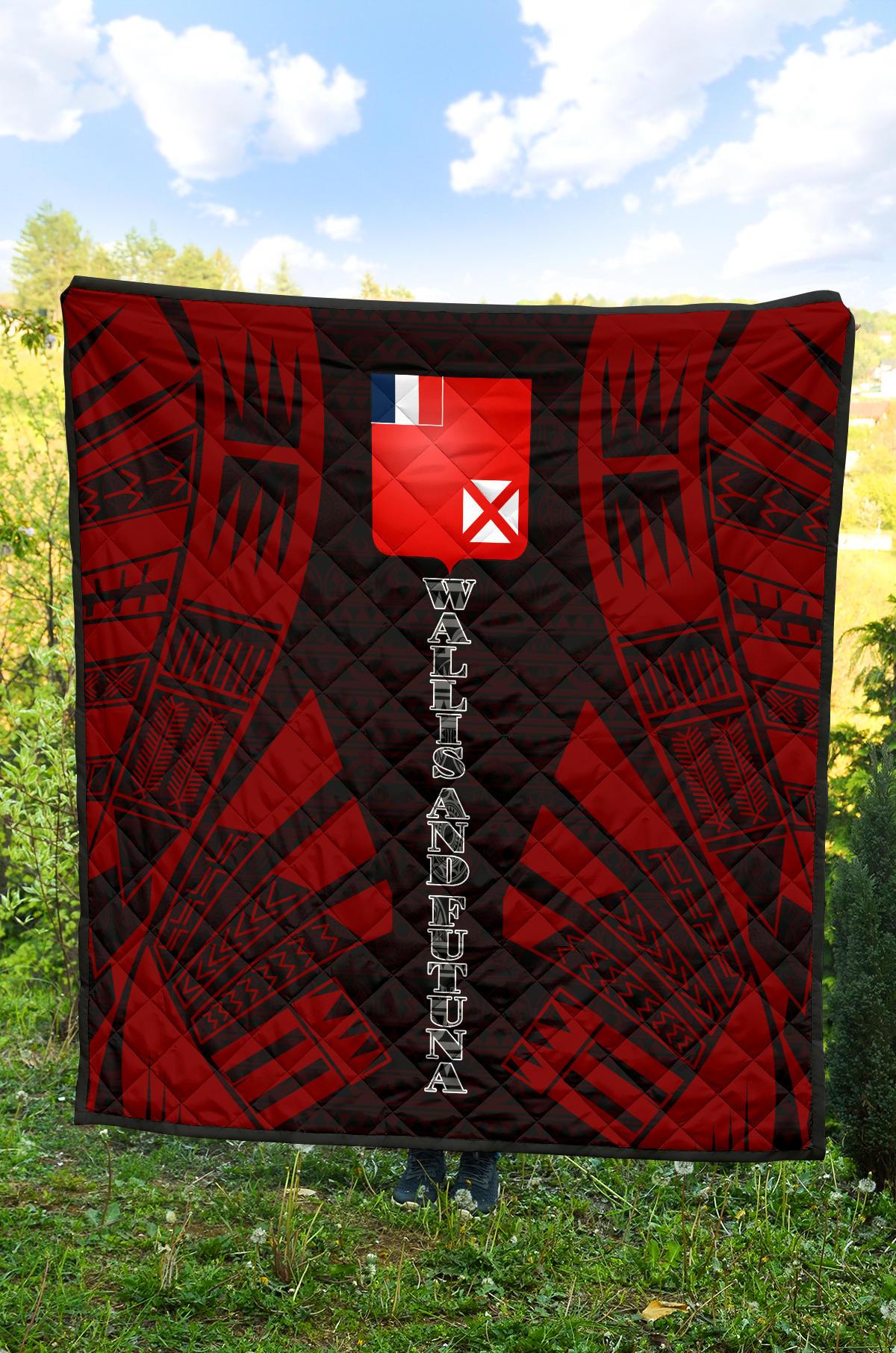 Wallis And Futuna Premium Quilt - Wallis And Futuna Coat Of Arms Polynesian Red Tattoo (Dark Red) - Polynesian Pride