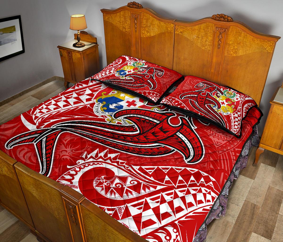 Tonga Quilt Bed Set - Red Shark Polynesian Tattoo - Polynesian Pride
