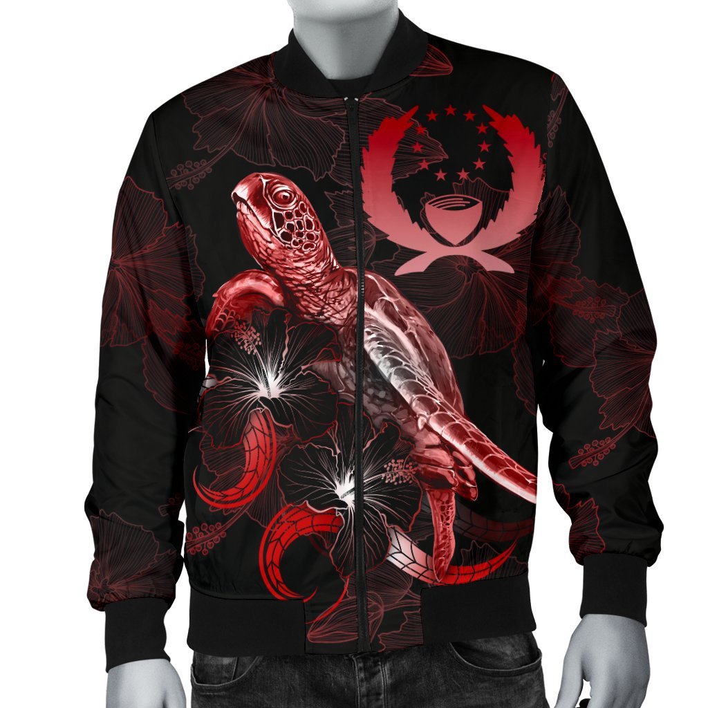 Pohnpei Polynesian Men's Bomber Jacket - Turtle With Blooming Hibiscus Red - Polynesian Pride