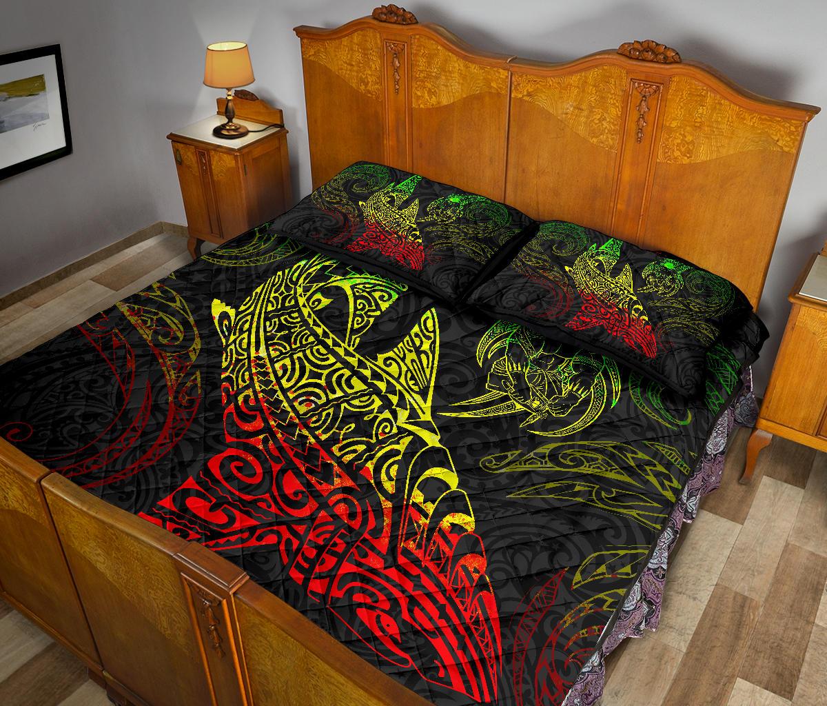 Polynesian Quilt Bed Set - Polynesian Reggae Shark Warrior Tattoo - Polynesian Pride