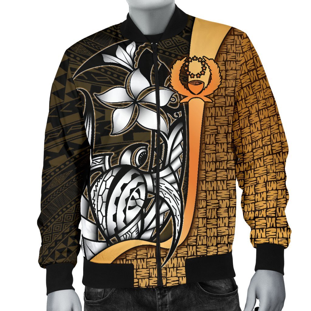 Pohnpei Micronesia Men's Bomber Jackets Gold - Turtle With Hook - Polynesian Pride