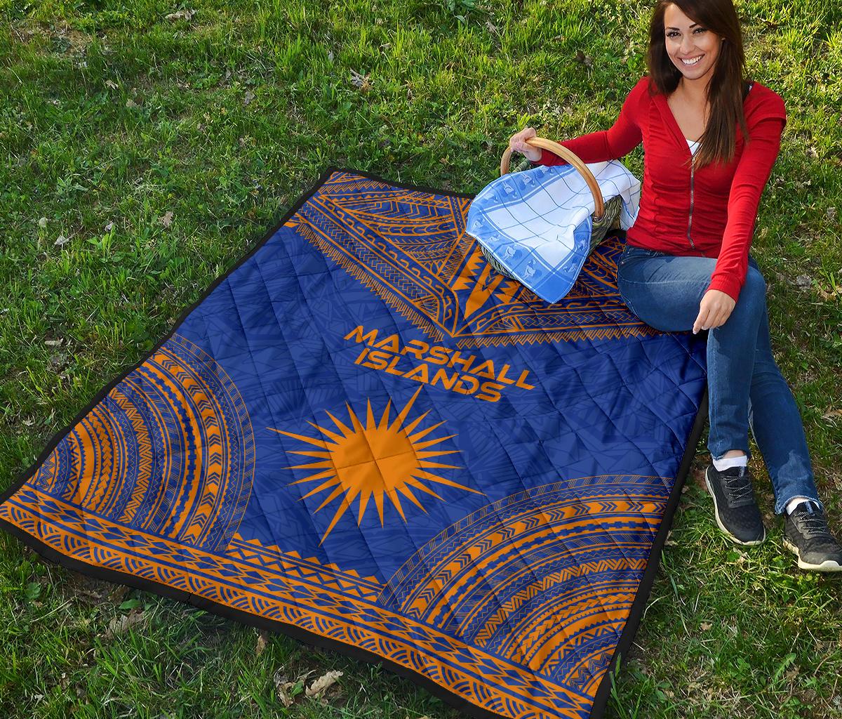 Marshall Islands Premium Quilt - Marshall Islands Flag Polynesian Chief BLue Version - Polynesian Pride