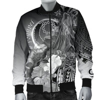 Pohnpei Men's Bomber Jacket - Humpback Whale with Tropical Flowers (White) - Polynesian Pride